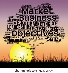 Vector concept or conceptual black tree and grass word cloud sunset sky and sun background, metaphor to business, trend, media, focus, market, value, product, advertising or customer or corporate