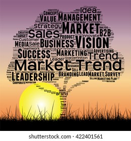 Vector concept or conceptual black tree and grass word cloud sunset sky and sun background, metaphor to business, trend, media, focus, market, value, product, advertising or customer or corporate