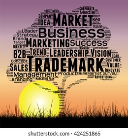 Vector concept or conceptual black tree and grass word cloud sunset sky and sun background, metaphor to business, trend, media, focus, market, value, product, advertising or customer or corporate