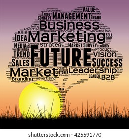 Vector concept or conceptual black tree and grass word cloud sunset sky and sun background, metaphor to business, trend, media, focus, market, value, product, advertising or customer or corporate