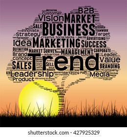 Vector concept or conceptual black tree and grass word cloud sunset sky and sun background, metaphor to business, trend, media, focus, market, value, product, advertising or customer or corporate