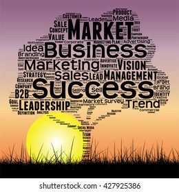 Vector concept or conceptual black tree and grass word cloud sunset sky and sun background, metaphor to business, trend, media, focus, market, value, product, advertising or customer or corporate