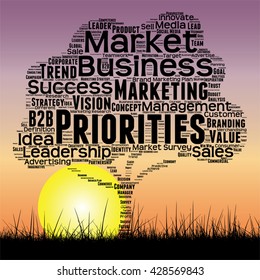 Vector concept or conceptual black tree and grass word cloud sunset sky and sun background, metaphor to business, trend, media, focus, market, value, product, advertising or customer or corporate