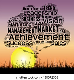 Concepto vectorial o árbol negro conceptual y palabra de césped nube cielo atardecer y fondo solar, metáfora a los negocios, tendencia, medios, enfoque, mercado, valor, producto, publicidad o cliente o empresa