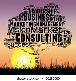 Vector concept or conceptual black tree and grass word cloud sunset sky and sun background, metaphor to business, trend, media, focus, market, value, product, advertising or customer or corporate