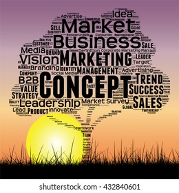 Vector concept or conceptual black tree and grass word cloud sunset sky and sun background, metaphor to business, trend, media, focus, market, value, product, advertising or customer or corporate