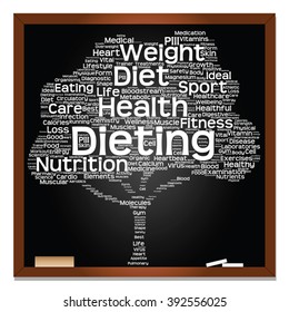Vector concept or conceptual blackboard health or diet green text word cloud or tagcloud tree isolated on black background