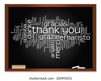Vector concept or conceptual blackboard thank you word cloud, different languages or multilingual for education or thanksgiving day, metaphor to appreciation, multicultural, friendship, tourism travel
