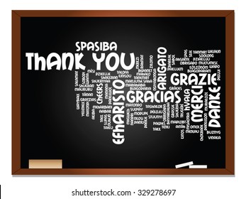 Vector concept or conceptual blackboard thank you word cloud, different languages or multilingual for education or thanksgiving day, metaphor to appreciation, multicultural, friendship, tourism travel