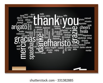 Vector concept or conceptual blackboard thank you word cloud, different languages or multilingual for education or thanksgiving day, metaphor to appreciation, multicultural, friendship, tourism travel