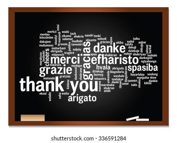 Vector concept or conceptual blackboard thank you word cloud, different languages or multilingual for education or thanksgiving day, metaphor to appreciation, multicultural, friendship, tourism travel