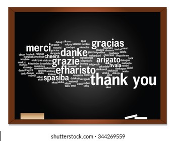 Concepto vectorial o pizarra conceptual gracias nube de palabras, diferentes idiomas o multilingüe para la educación o día de acción de gracias, metáfora de la apreciación, multicultural, amistad, viaje turístico