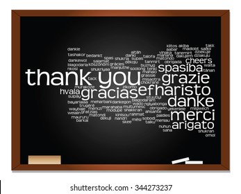 Vector concept or conceptual blackboard thank you word cloud, different languages or multilingual for education or thanksgiving day, metaphor to appreciation, multicultural, friendship, tourism travel