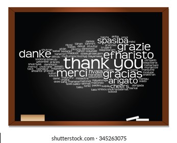 Vector concept or conceptual blackboard thank you word cloud, different languages or multilingual for education or thanksgiving day, metaphor to appreciation, multicultural, friendship, tourism travel