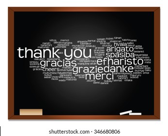 Vektorkonzept oder konzeptuelle Tafel danke Ihnen Wort Cloud, verschiedene Sprachen oder Mehrsprachigkeit für Bildung oder Danksagentag, Metapher für Wertschätzung, multikulturelle, Freundschaft, Tourismus Reise