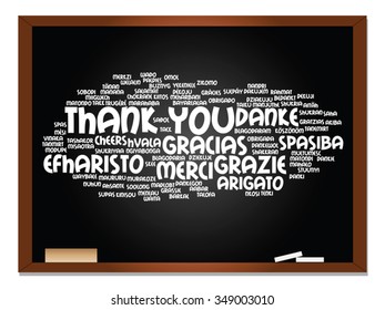 Vector concept or conceptual blackboard thank you word cloud, different languages or multilingual for education or thanksgiving day metaphor to appreciation, multicultural, friendship, tourism travel