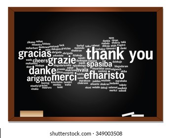 Vector concept or conceptual blackboard thank you word cloud, different languages or multilingual for education or thanksgiving day, metaphor to appreciation, multicultural, friendship, tourism travel