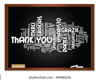 Vector concept or conceptual blackboard thank you word cloud, different languages or multilingual for education or thanksgiving day metaphor to appreciation, multicultural, friendship, tourism travel