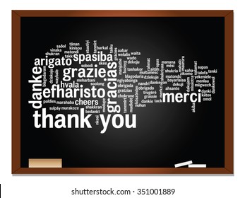 Vector concept or conceptual blackboard thank you word cloud, different languages or multilingual for education or thanksgiving day metaphor to appreciation, multicultural, friendship, tourism travel