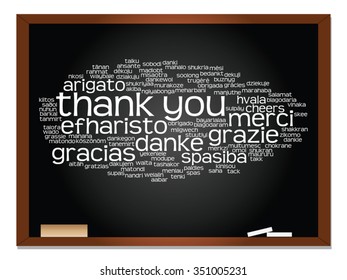 Vector concept or conceptual blackboard thank you word cloud, different languages or multilingual for education or thanksgiving day metaphor to appreciation, multicultural, friendship, tourism travel