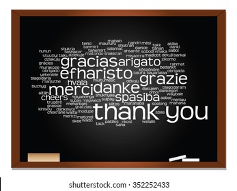 Vector concept or conceptual blackboard thank you word cloud, different languages or multilingual for education or thanksgiving day metaphor to appreciation, multicultural, friendship, tourism travel