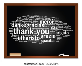 Concepto vectorial o pizarra conceptual gracias nube de palabras, diferentes idiomas o multilingüe para la educación o la metáfora del día de agradecimiento a la apreciación, multicultural, amistad, turismo viajes
