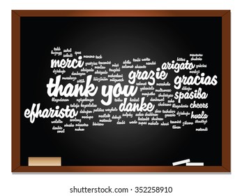 Vector concept or conceptual blackboard thank you word cloud, different languages or multilingual for education or thanksgiving day metaphor to appreciation, multicultural, friendship, tourism travel