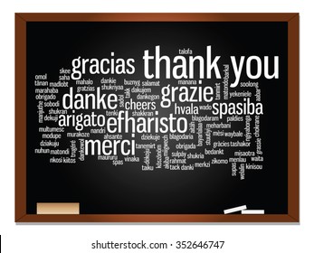 Vektorkonzept oder konzeptuelle Tafel danke Ihnen Wort-Cloud, verschiedene Sprachen oder mehrsprachig für Bildung oder Danksagungstag-Metapher für Wertschätzung, multikulturelle, Freundschaft, Tourismus Reise