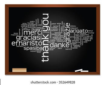 Conceito vetorial ou quadro negro conceitual obrigado nuvem de palavras, línguas diferentes ou multilingual para a educação ou metáfora do dia de ação de graças para a apreciação, multicultural, amizade, viagem turística