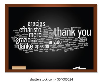 Vector concept or conceptual blackboard thank you word cloud, different languages or multilingual for education or thanksgiving day  metaphor to appreciation, multicultural, friendship, tourism travel