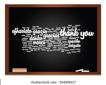 Vector concept or conceptual blackboard thank you word cloud, different languages or multilingual for education or thanksgiving day  metaphor to appreciation, multicultural, friendship, tourism travel