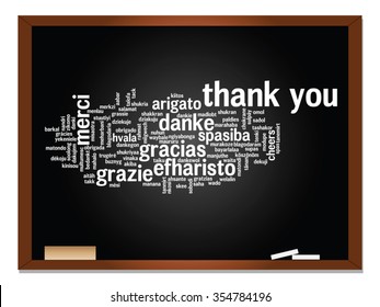 Vector concept or conceptual blackboard thank you word cloud, different languages or multilingual for education or thanksgiving day  metaphor to appreciation, multicultural, friendship, tourism travel