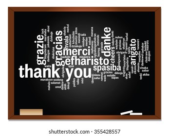 Vector concept or conceptual blackboard thank you word cloud, different languages or multilingual for education or thanksgiving day metaphor to appreciation, multicultural, friendship, tourism travel