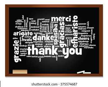 Vector concept or conceptual blackboard thank you word cloud, different languages or multilingual for education or thanksgiving day, metaphor to appreciation, multicultural, friendship, tourism travel