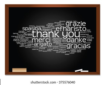 Vector concept or conceptual blackboard thank you word cloud, different languages or multilingual for education or thanksgiving day, metaphor to appreciation, multicultural, friendship, tourism travel