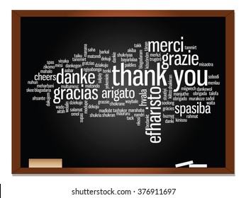 Concepto vectorial o pizarra conceptual gracias nube de palabras, diferentes idiomas o multilingüe para la educación o la metáfora del día de agradecimiento a la apreciación, multicultural, amistad, turismo viajes