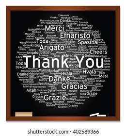Vector concept or conceptual blackboard thank you word cloud, different languages or multilingual for education or thanksgiving day, metaphor to appreciation, multicultural, friendship, tourism travel