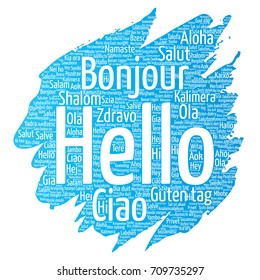 Vector concept or conceptual brush or paint hello or greeting international tourism word cloud in different languages or multilingual. Collage of world, foreign, worldwide travel, translate, vacation