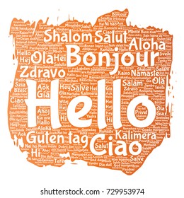 Concepto vectorial o cepillo conceptual o pintar hola o saludar al turismo internacional en diferentes idiomas o multilingües. Collage del mundo, extranjero, viajes a nivel mundial, traducciones, vacaciones