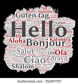Vector concept or conceptual brush or paper hello or greeting international tourism word cloud in different languages or multilingual. Collage of world, foreign, worldwide travel, translate, vacation