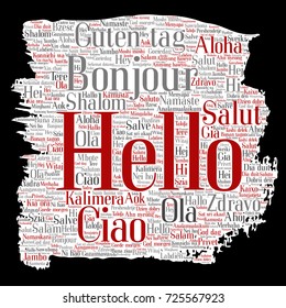 Vector concept or conceptual brush or paper hello or greeting international tourism word cloud in different languages or multilingual. Collage of world, foreign, worldwide travel, translate, vacation