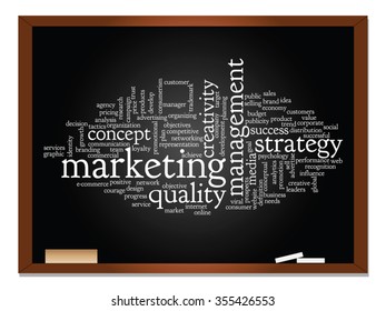 Vector concept or conceptual business abstract word cloud on blackboard and chalk background as metaphor for business, trend, media, focus, market, value, product, advertising or customer 