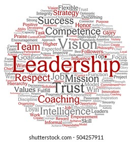 Vector concept or conceptual business leadership or management circle word cloud isolated on background metaphor to strategy, success, achievement, responsibility, authority, intelligence competence