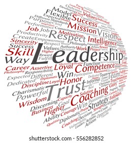 Vector concept or conceptual business leadership or management circle word cloud isolated on background metaphor to strategy, success, achievement, responsibility, authority, intelligence competence