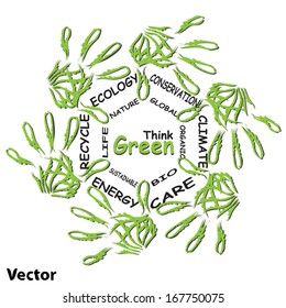 Vector concept or conceptual child green ecology word cloud hand print symbol of leafs,isolated on white background,metaphor to nature,environment,recycle,bio,conservation,friendship,unity,tag or help