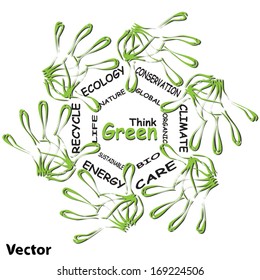 Vector concept or conceptual child green ecology word cloud hand print symbol leafs, isolated on white background,metaphor to nature, environment, recycle, bio, conservation, friendship, unity or help