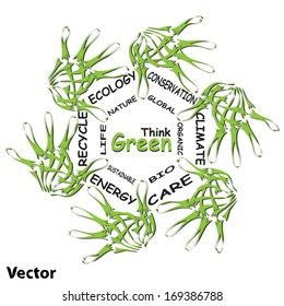Concepto vectorial o ecología conceptual infantil verde palabra impresión en nube folletos, aislados en fondo blanco, metáfora a la naturaleza, el medio ambiente, reciclar, bio, conservación, amistad, unidad o ayuda