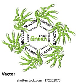 Vector concept or conceptual child green ecology word cloud hand print symbol leafs, isolated on white background,metaphor to nature, environment, recycle, bio, conservation, friendship, unity or help