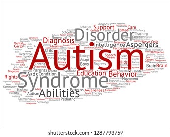 Vector concept conceptual childhood autism syndrome symptom or disorder abstract word cloud isolated background. A collage of communication, social behavior, autistic care, speech or difference text