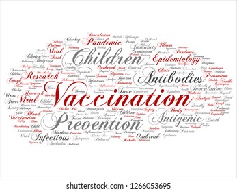 Vector concept or conceptual children vaccination viral prevention abstract word cloud isolated background. Collage of infectious antigenic, antibodies, epidemiology immunization or inoculation text